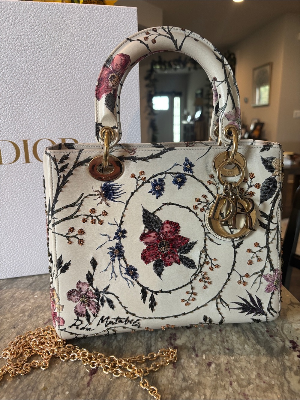 Christian Dior Medium Lady Dior Rosa Mutabilis Embroidered Beaded White Calfskin